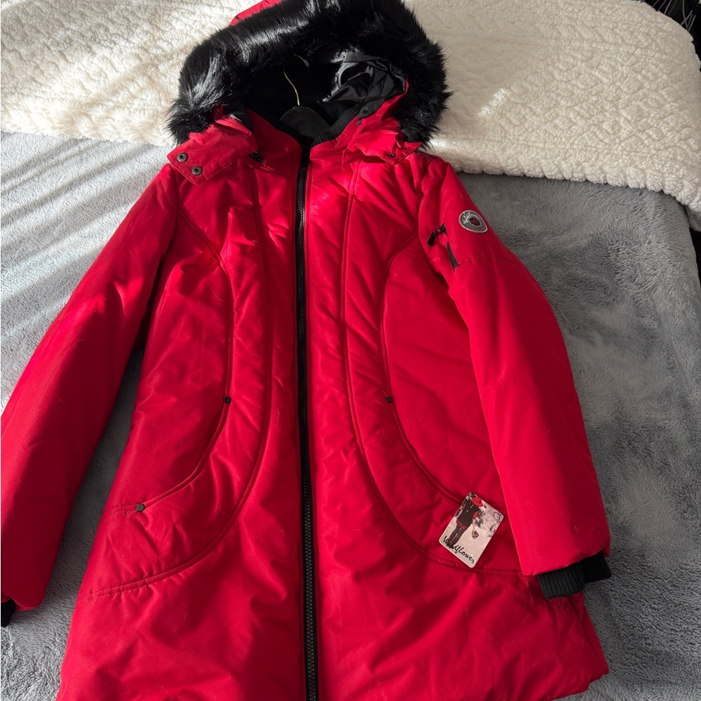 Women Wildflower Faux-Fur-Trim Hooded Puffer Coat Red